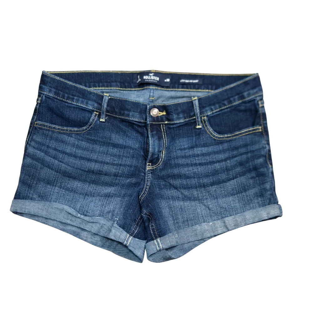 Hollister Low Rise Midi Denim Shorts Dark Wash Cuffed Size 11 W30